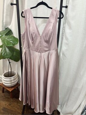 Satin V-Neck Midi Dress in Dusty Rose with Button Front